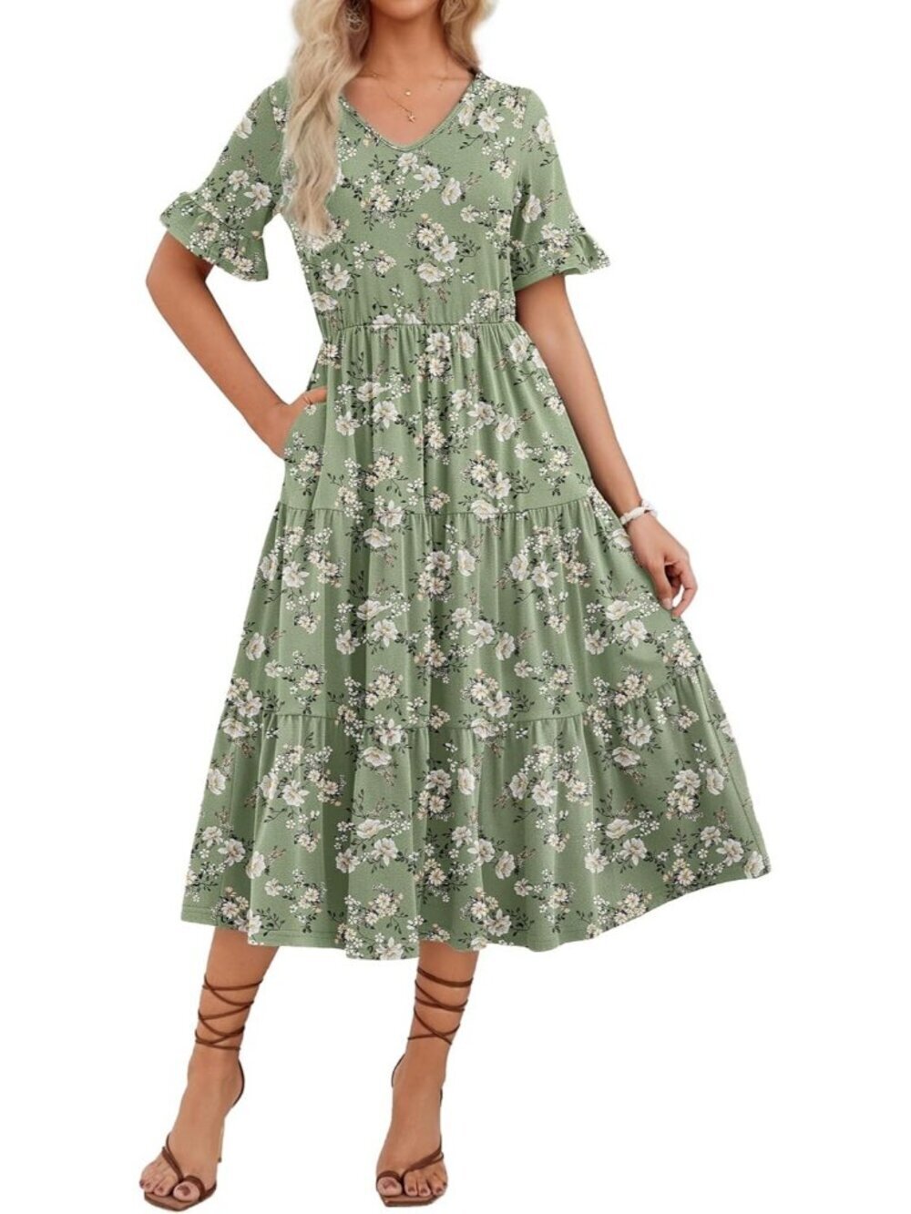 Zeagoo Women's Green Floral Tiered Casual Neck Ruffle Short Midi Maxi Dress